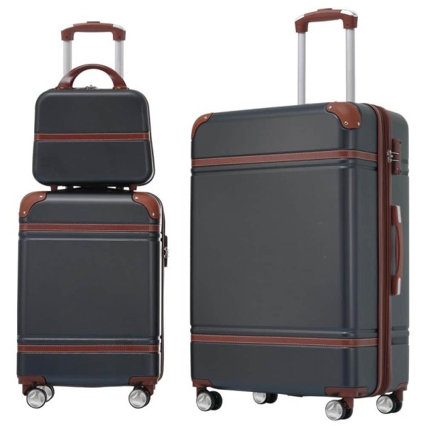 Black Lightweight 3-Piece Expandable ABS Hardshell Spinner 20 + 28 Luggage Set with Cosmetic Case, 3-digital TSA Lock