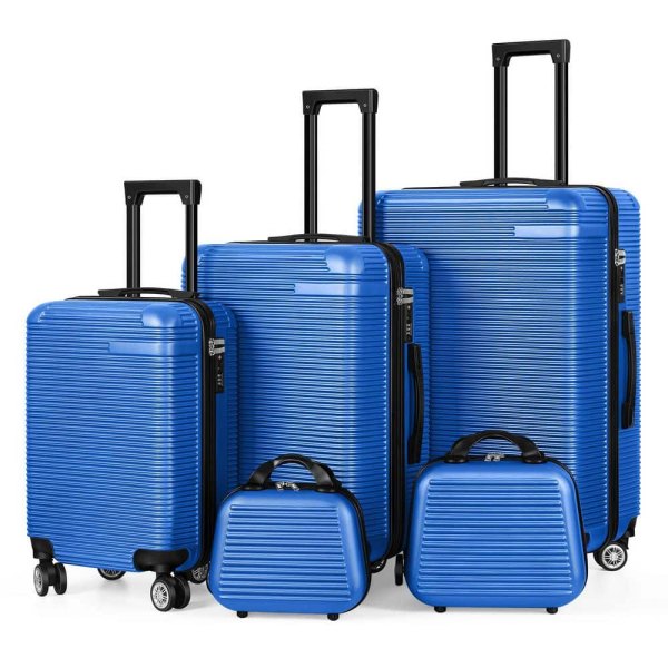 5-Piece Carry On Horizontal Stripe Luggage Set with Spinner Wheels Blue