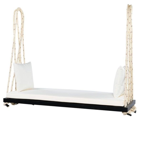Minimalist Black Wood Patio Porch Swing with Beige Cushions