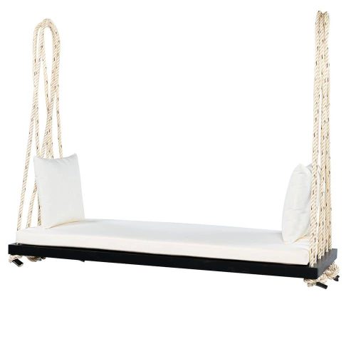 Minimalist Black Wood Patio Porch Swing with Beige Cushions