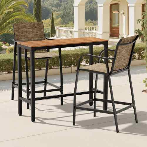 3-Piece Serving Bar Set with Metal Frame Bar Table with Brown WPC Top and Bar Stools Backrest Seat with Earth Textilene
