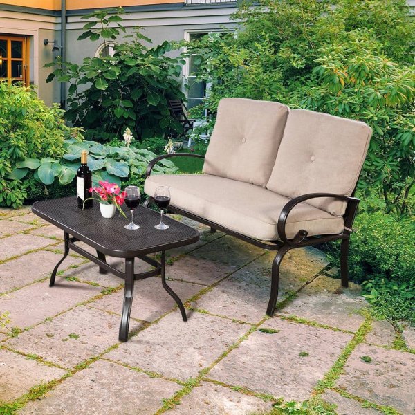 2-Pieces Metal Outdoor Patio Conversation Set with Beige Cushion