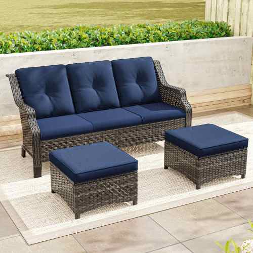 Wicker Outdoor Patio Sofa Sectional Set with Blue Cushions and Ottoman