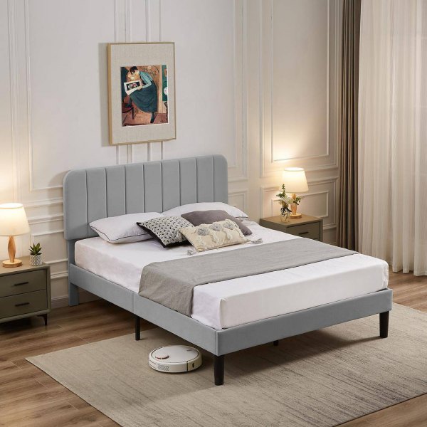 Upholstered Bed, Light Gray Queen Bed Platform Bed with Adjustable Headboard, Strong Wooden Slats Support Bed Frame