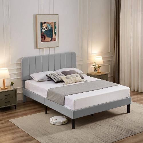 Upholstered Bed, Light Gray Queen Bed Platform Bed with Adjustable Headboard, Strong Wooden Slats Support Bed Frame