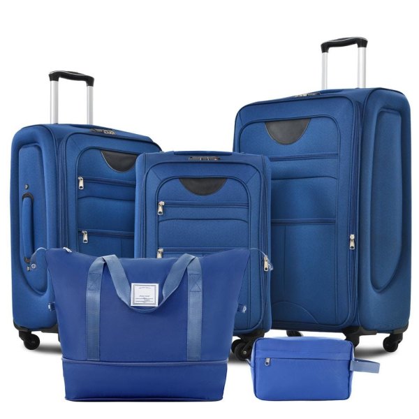 5-Piece Navy Blue Polyester Softside Spinner 25% Expandable Luggage Set with Expandable Duffel Bag, Toiletry Bag