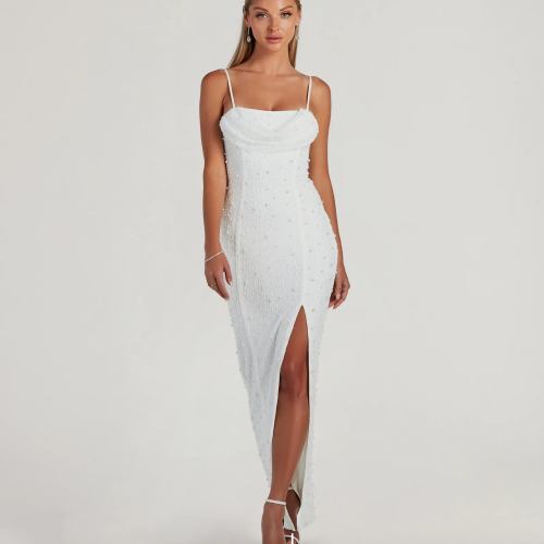 Klara Cowl Neck Faux Pearl Bead Column Dress