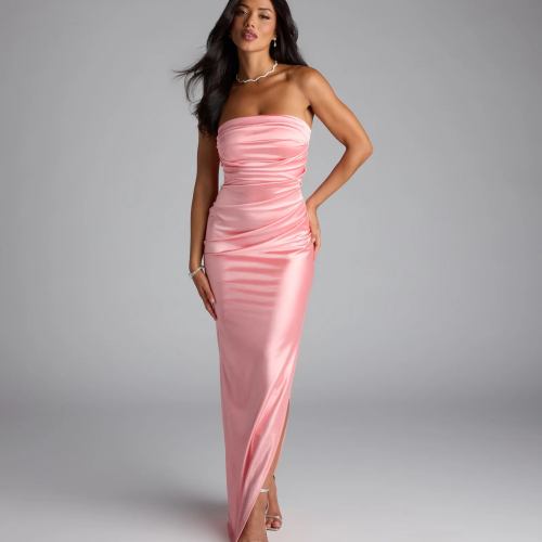Brianna Satin Strapless High Slit Column Dress