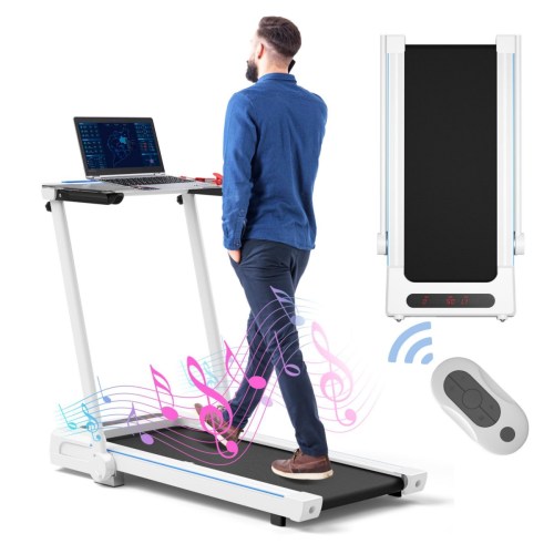 3-in-1 Foldable Treadmill – Removable Desk & Remote – White