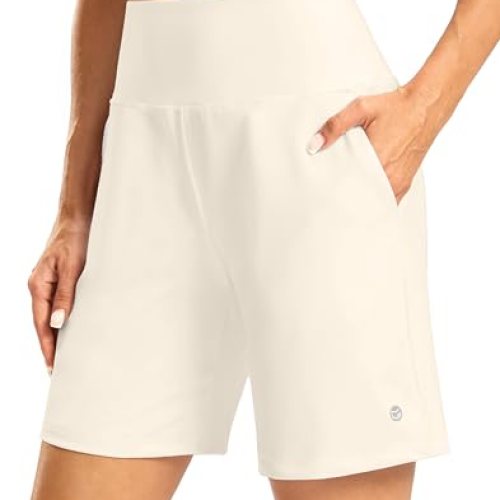 Women’s Athletic Shorts with Zipper Pocket 7″ High Waisted Stretchy