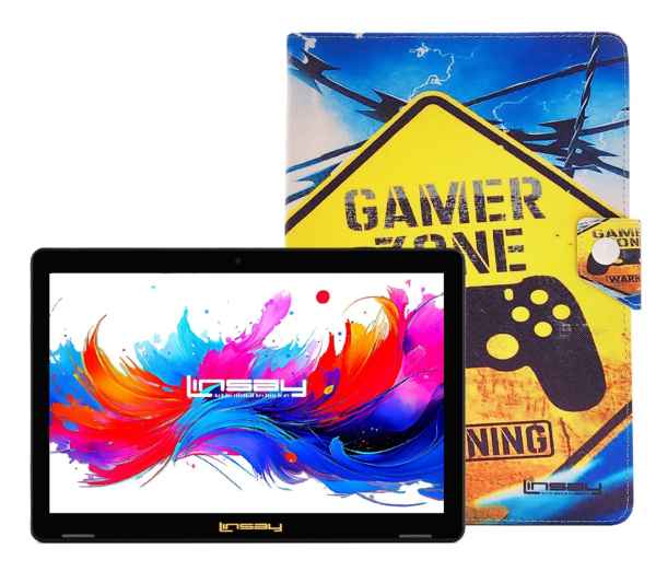 Linsay 10.1Octa Core 256GB Storage Android 15 Tablet with Gamer Shape Case - Yellow