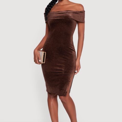 Womens Velvet Glitter Off the Shoulder Midi Dress with Side Slit, Size S