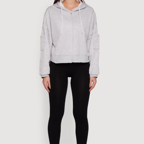 Womens Drop Shoulder Zip Front Hooded Sweatshirt, Grey