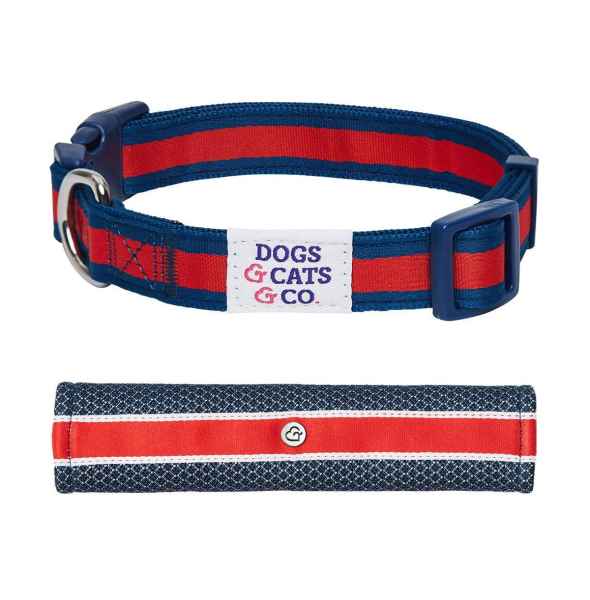 Dogs & Cats & Co. Striped Dog Collar with Removable Padded Comfort Cover in Red and Pink Size Small - Navy and red