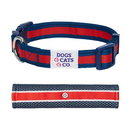 Dogs & Cats & Co. Striped Dog Collar with Removable Padded Comfort Cover in Red and Pink Size Small – Navy and red