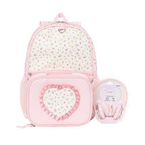 Rainbow Sugar Girls Floral Love Backpack, Lunch Bag and Headphone, 3-Piece Set – Pink/Multicolor