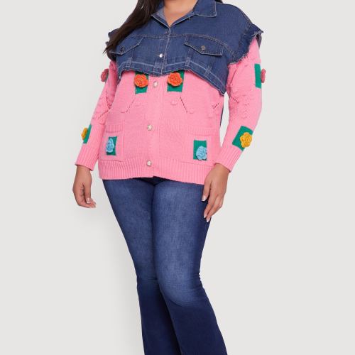 Womens Plus Size Crochet Flower Layered Sweater Denim Jacket, Pink