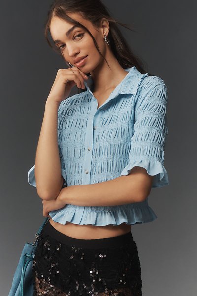 Smocked Button-Front Top