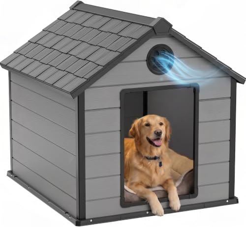 57″ Large Dog House Outdoor, Wood-Grain Resin, Waterproof