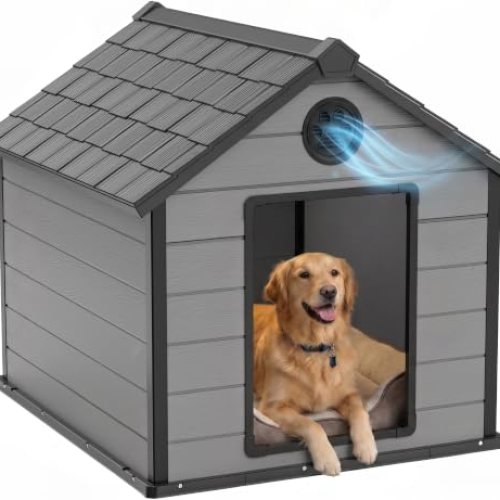 57″ Large Dog House Outdoor, Wood-Grain Resin, Waterproof