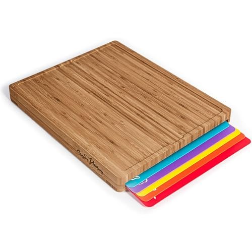 Bamboo Wood Cutting Board Set with 6 Flexible Plastic Chopping Mats