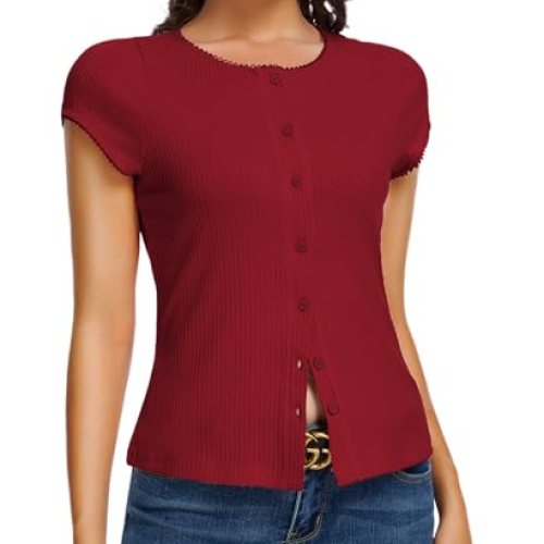 Crewneck Ribbed Knit Shirts Button Up Trendy