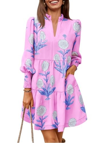 Imily Bela Womens Fall Long Sleeve Tunic Dress Casual Floral V Neck Loose Ruffle Tiered Dresses