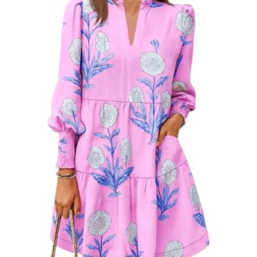 Imily Bela Womens Fall Long Sleeve Tunic Dress Casual Floral V Neck Loose Ruffle Tiered Dresses