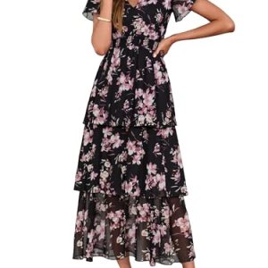 Floral Maxi Dress Boho Flowy Ruffle Tiered Short Sleeves V Neck