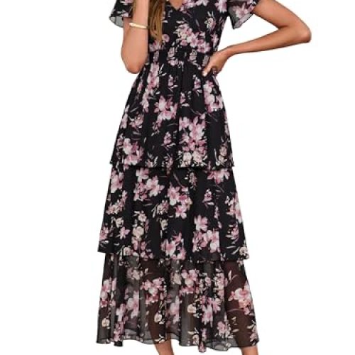Floral Maxi Dress Boho Flowy Ruffle Tiered Short Sleeves V Neck
