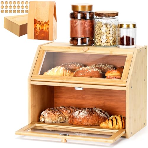 Large Double Layer Bamboo Box with Clear Doo