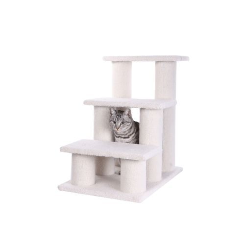 Armarkat 3 Steps Real Wood Faux Fleece Cat Stairs Ladder Doggie Ramp For Indoor Pets in Ivory, Size: 70 lb | PetSmart