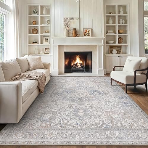 GENIMO 9×12 Area Rugs for Living Room, Machine Washable Non Slip Vintage Rugs, Low Pile Lightweight Chenille Print Rug for Bedroom, Dining Room, Home Office, Rustic Brown