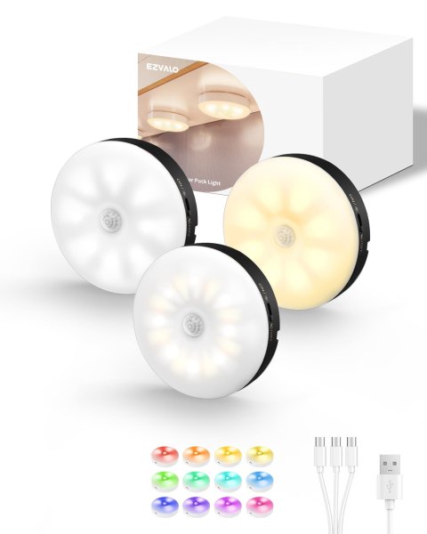 EZVALO Motion Sensor Puck Lights Under Cabinet Control - Black 3 Pack one_size | EZL2415A-3-BK
