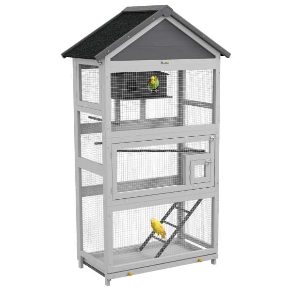 LOVMOR PawHut Wooden Bird Aviary 67 inch Outdoor Bird Cage Slide Out Tray 3 Doors Gray one_size | SF-X-W2225P229165