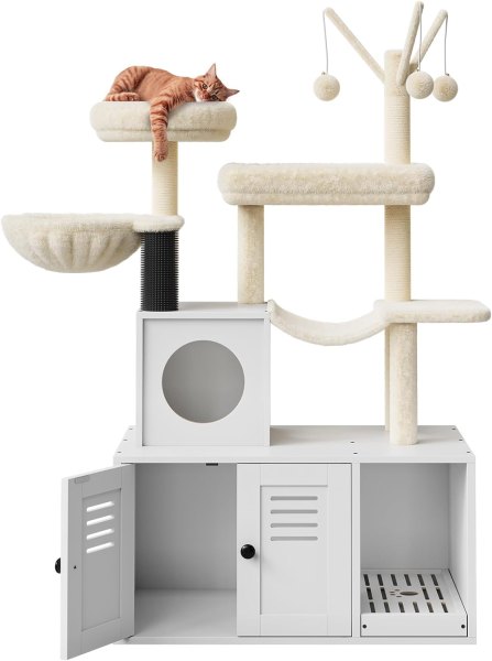 Garvee Hidden Litter Box Enclosure with Large Cat Tree 55 in 2 in-1 Modern Multi-Level Cat Tower Condo Toilet Furniture with Hammock Sisal Scratching