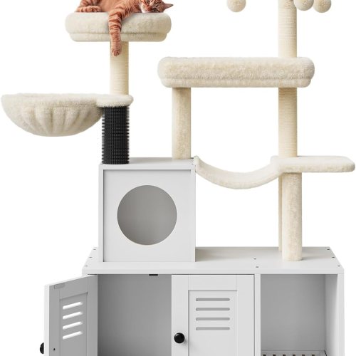Garvee Hidden Litter Box Enclosure with Large Cat Tree 55 in 2 in-1 Modern Multi-Level Cat Tower Condo Toilet Furniture with Hammock Sisal Scratching