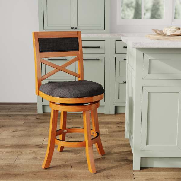 GDFStudio Granby 24 in. Counter Height Classic Wood Counter Stool with X-Back Swivel and Footrest - Natural Finish and Charcoal Fabric Seat one_size