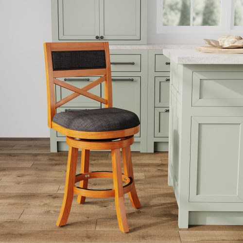 GDFStudio Granby 24 in. Counter Height Classic Wood Counter Stool with X-Back Swivel and Footrest – Natural Finish and Charcoal Fabric Seat one_size