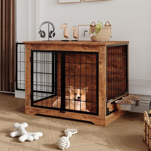 GAOMON 32 Inch P2 Particle Board Square Tube Dog Crate Furniture Style Indoor Pet Kennel Rustic Brown End Table Cage one_size | LSPPJOK-0RUOCMFBAS