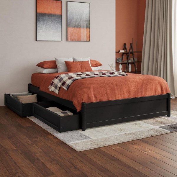 Barcelona Black Solid Wood Frame Full Panel Platform Bed with Storage Drawers