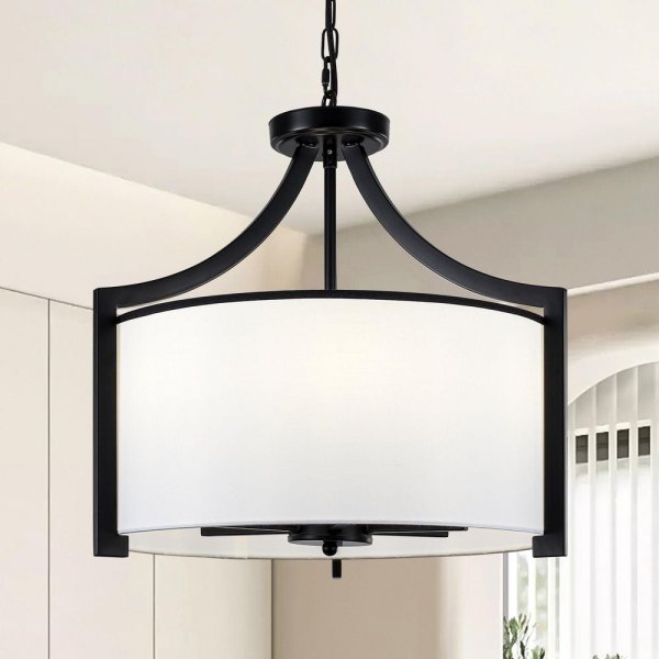 6-Light Black Modern Drum Height Adjustable Chandelier with White Fabric Shade for Kitchen Living Room Foyer