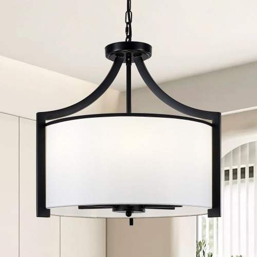 6-Light Black Modern Drum Height Adjustable Chandelier with White Fabric Shade for Kitchen Living Room Foyer