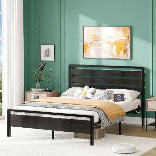 Black Metal Frame Full Platform Bed with LED Lighting USB Port