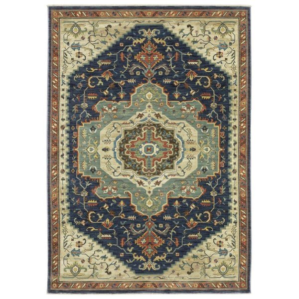 Fleetwood Blue Doormat 3 ft. x 5 ft. Center Oriental Medallion Polypropylene Fringe Edge Indoor Area Rug
