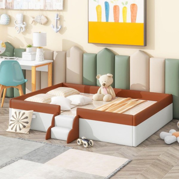 Brown/White Full Size Daybed with Fence and Stairs