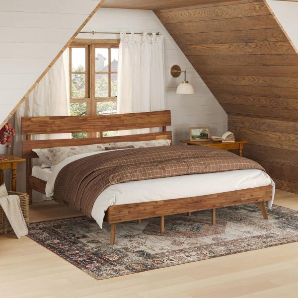 Mela Brown Caramel Acacia Solid Wood Frame Curved Headboard King Platform Bed Frame with Wooden Slats