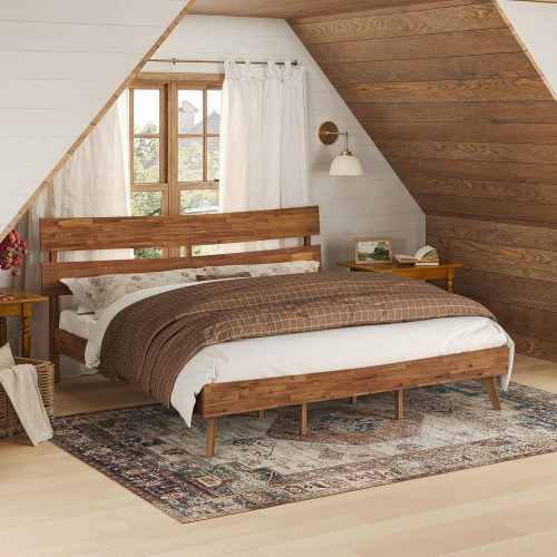 Mela Brown Caramel Acacia Solid Wood Frame Curved Headboard King Platform Bed Frame with Wooden Slats