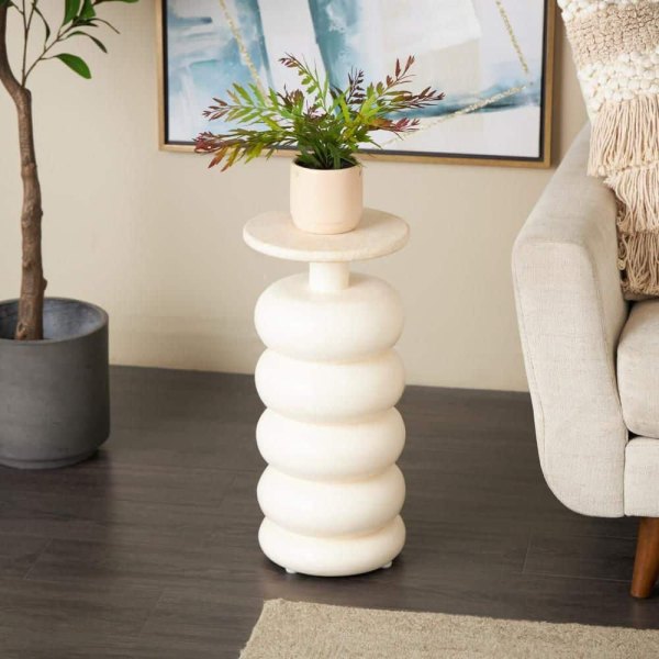10 in. Cream Handmade Carved Bubble Inspired Large Round Marble End Table with Marble Tabletop