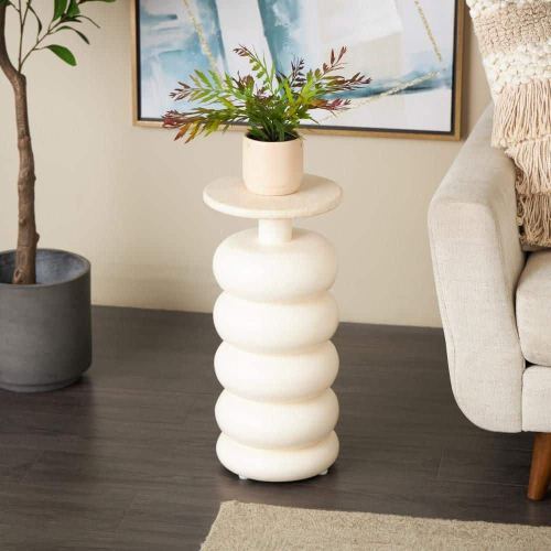 10 in. Cream Handmade Carved Bubble Inspired Large Round Marble End Table with Marble Tabletop